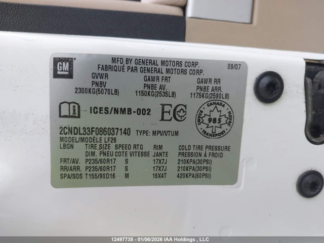 2008 Chevrolet Equinox Lt მანქანა იყიდება აუქციონზე, vin: 2CNDL33F086037140, აუქციონის ნომერი: 12497738