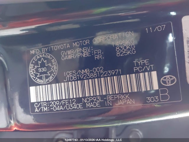 12497743 :رقم المزاد ، JTDBT923881223971 vin ، 2008 Toyota Yaris مزاد بيع