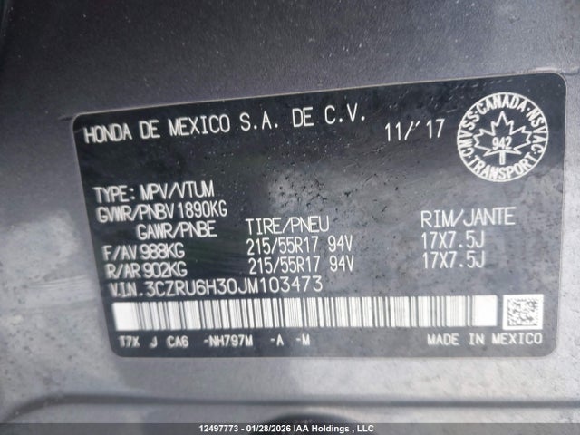 3CZRU6H30JM103473 Honda HR-V LX