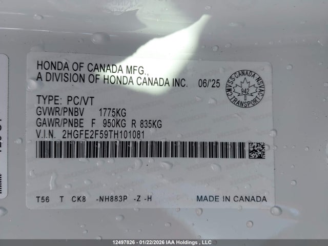 12497826 :رقم المزاد ، 2HGFE2F59TH101081 vin ، 2026 Honda Civic Sport مزاد بيع