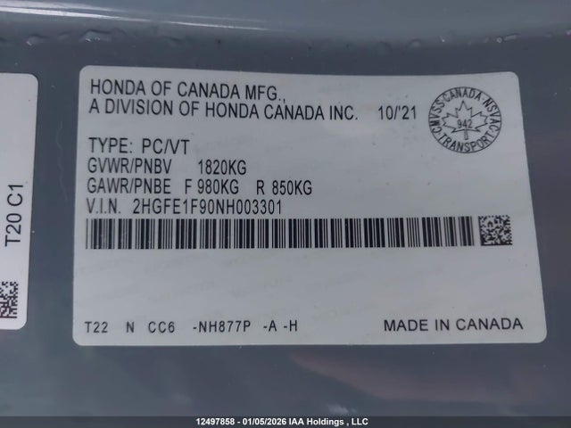2022 Honda Civic Touring მანქანა იყიდება აუქციონზე, vin: 2HGFE1F90NH003301, აუქციონის ნომერი: 12497858
