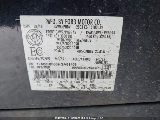 1FM5K8F83HGA81408 Ford Explorer Limited