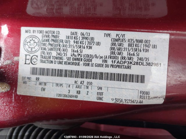 12497893 :رقم المزاد ، 1FADP3K28DL382981 vin ، 2013 Ford Focus Se مزاد بيع