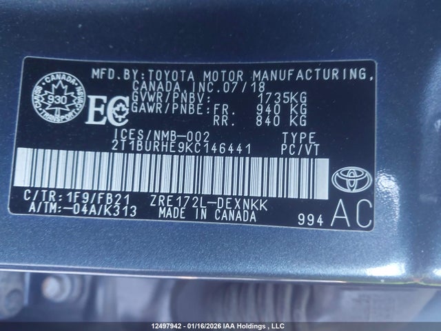 2019 Toyota Corolla Le მანქანა იყიდება აუქციონზე, vin: 2T1BURHE9KC146441, აუქციონის ნომერი: 12497942