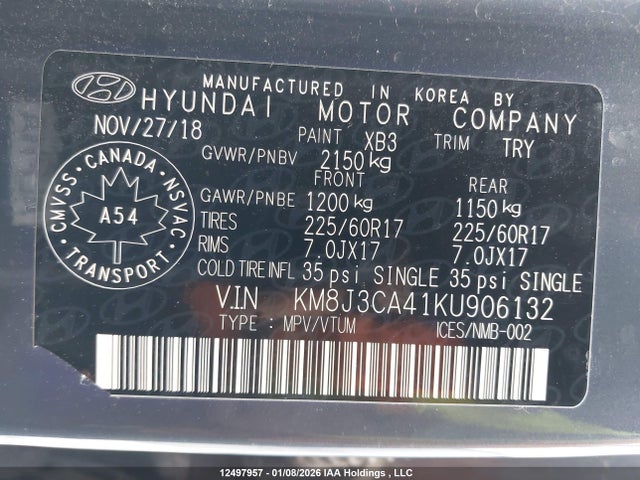 KM8J3CA41KU906132 Hyundai Tucson Limited/sel/sport/ultimate/value/night