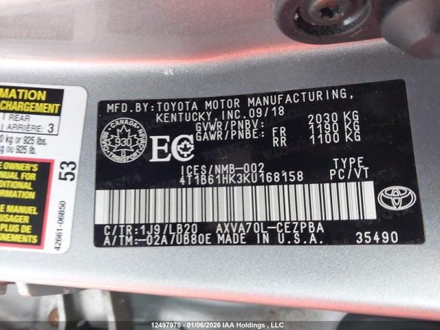 4T1B61HK3KU168158 Toyota CAMRY XSE