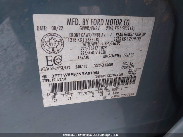 Aukcja sprzedaży 2022 Ford Maverick Xlt, vin: 3FTTW8F97NRA81098, numer aukcji: 12498050