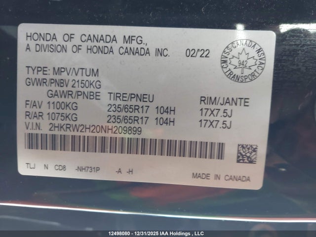 2HKRW2H20NH209899 Honda CR-V LX