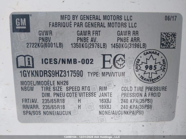 1GYKNDRS9HZ317590 Cadillac XT5 LUXURY