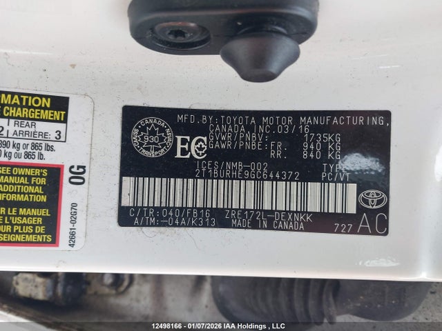 12498166 :رقم المزاد ، 2T1BURHE9GC644372 vin ، 2016 Toyota Corolla مزاد بيع