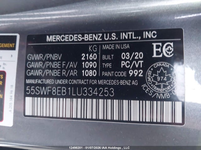 12498201 :رقم المزاد ، 55SWF8EB1LU334253 vin ، 2020 Mercedes-benz C 300 4matic مزاد بيع