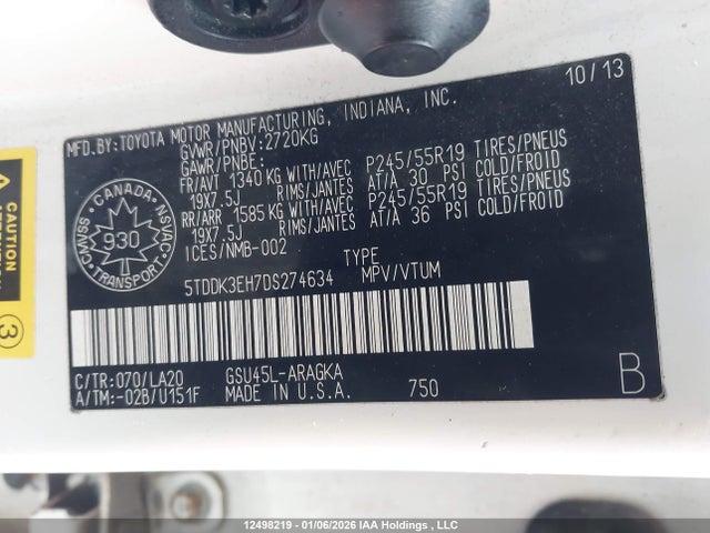 12498219 :رقم المزاد ، 5TDDK3EH7DS274634 vin ، 2013 Toyota Highlander V6 Limited مزاد بيع