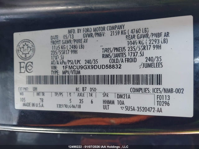 2013 Ford Escape Se მანქანა იყიდება აუქციონზე, vin: 1FMCU9GX9DUD58832, აუქციონის ნომერი: 12498222