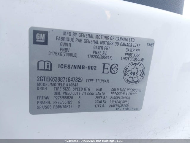 12498248 :رقم المزاد ، 2GTEK638871647829 vin ، 2007 Gmc Sierra 1500 All-new Denali مزاد بيع