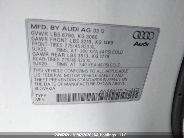 Продаж на аукціоні авто 2012 Audi Q7 3.0t Premium, vin: WA1LGAFEXCD008308, номер лоту: 12498269