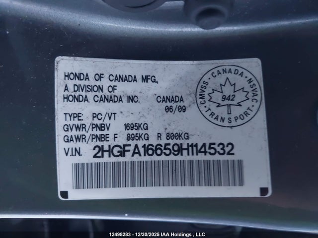 Aukcja sprzedaży 2009 Honda Civic Sport, vin: 2HGFA16659H114532, numer aukcji: 12498283