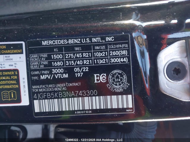 12498322 :رقم المزاد ، 4JGFB5KB3NA743300 vin ، 2022 Mercedes-benz Gle 450 4matic مزاد بيع