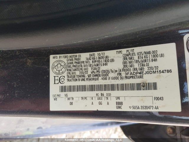 Aukcja sprzedaży 2013 Ford Fiesta Se, vin: 3FADP4EJ0DM154786, numer aukcji: 12498413