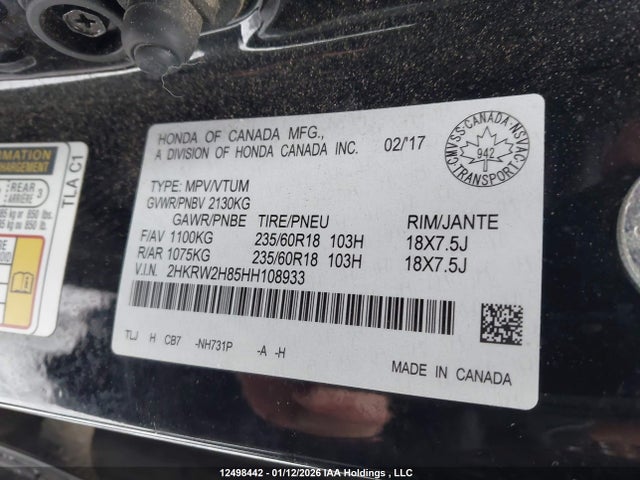 2HKRW2H85HH108933 Honda Cr-v Ex-l