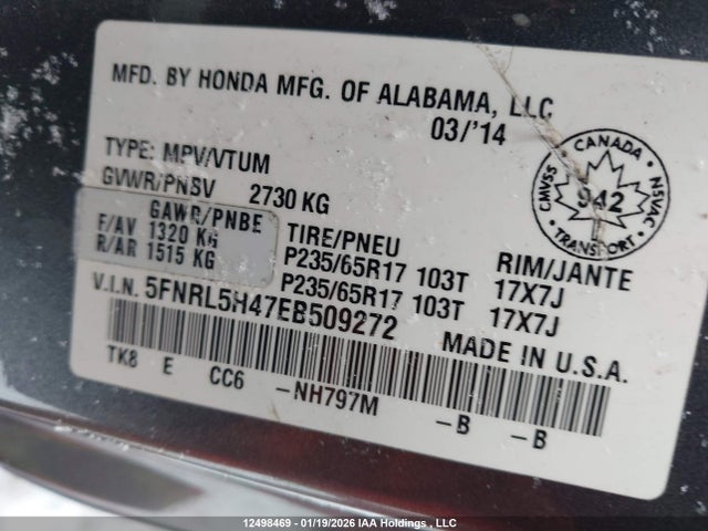 5FNRL5H47EB509272 Honda ODYSSEY EX