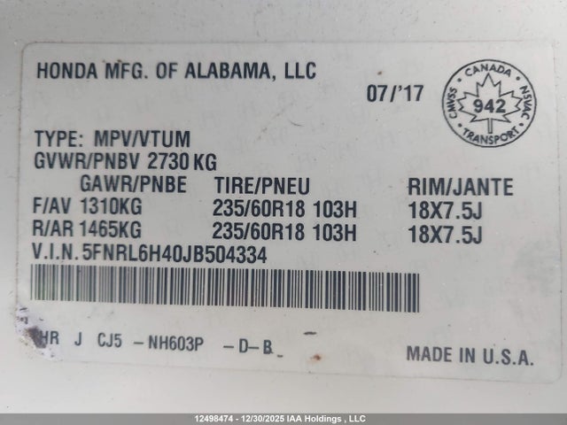 5FNRL6H40JB504334 Honda ODYSSEY EX