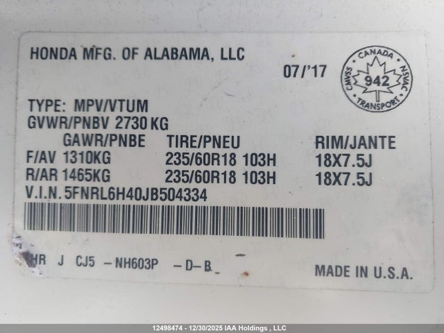5FNRL6H40JB504334 Honda ODYSSEY EX