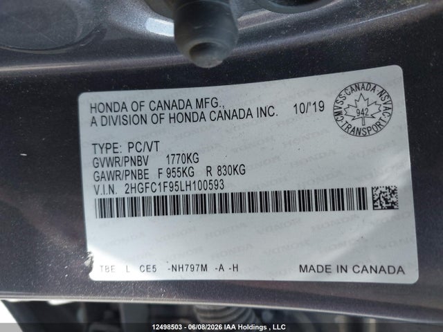 Продажа на аукционе авто 2020 Honda Civic Touring, vin: 2HGFC1F95LH100593, номер лота: 12498503