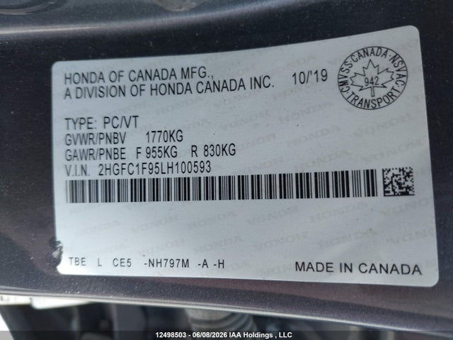 Продажа на аукционе авто 2020 Honda Civic Touring, vin: 2HGFC1F95LH100593, номер лота: 12498503