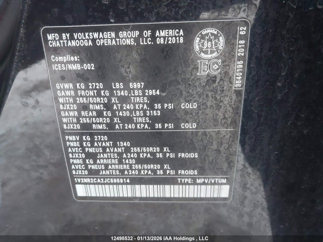 1V2NR2CA2JC595914 Volkswagen Atlas 3.6 Fsi Execline