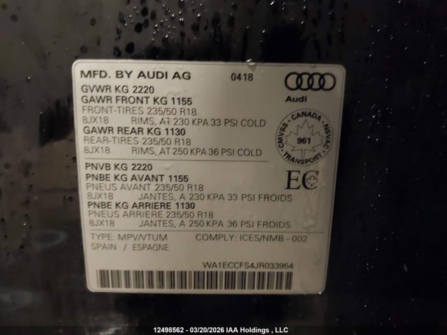 Продаж на аукціоні авто 2018 Audi Q3 Premium, vin: WA1ECCFS4JR033954, номер лоту: 12498562