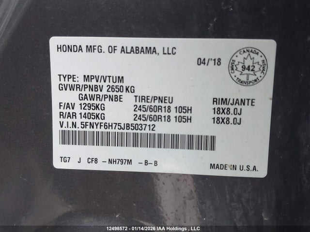 5FNYF6H75JB503712 Honda Pilot Ex-l Navi