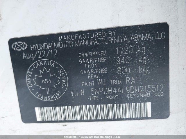 2013 Hyundai Elantra Gls მანქანა იყიდება აუქციონზე, vin: 5NPDH4AE9DH215512, აუქციონის ნომერი: 12498605