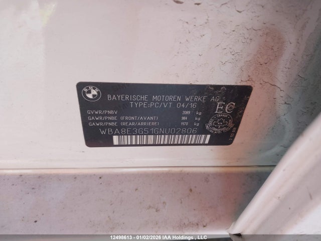 12498613 :رقم المزاد ، WBA8E3G51GNU02806 vin ، 2016 Bmw 328i Xdrive مزاد بيع