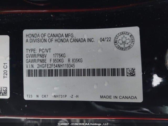 Honda k20c2 2022 2HGFE2F54NH119345 Image 9