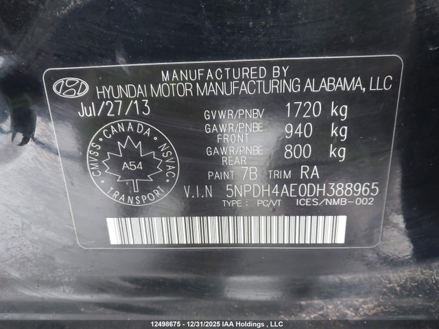 2013 Hyundai Elantra Gl მანქანა იყიდება აუქციონზე, vin: 5NPDH4AE0DH388965, აუქციონის ნომერი: 12498675