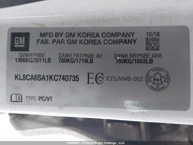 Aukcja sprzedaży 2019 Chevrolet Spark, vin: KL8CA6SA1KC740735, numer aukcji: 12498685