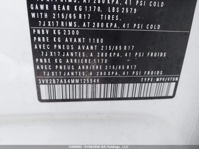 3VV2B7AX4MM125546 Volkswagen Tiguan Se/se R-line Black/sel