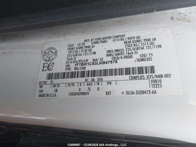 Aukcja sprzedaży 2020 Ford Transit T-250, vin: 1FTBR1C83LKB47878, numer aukcji: 12498907
