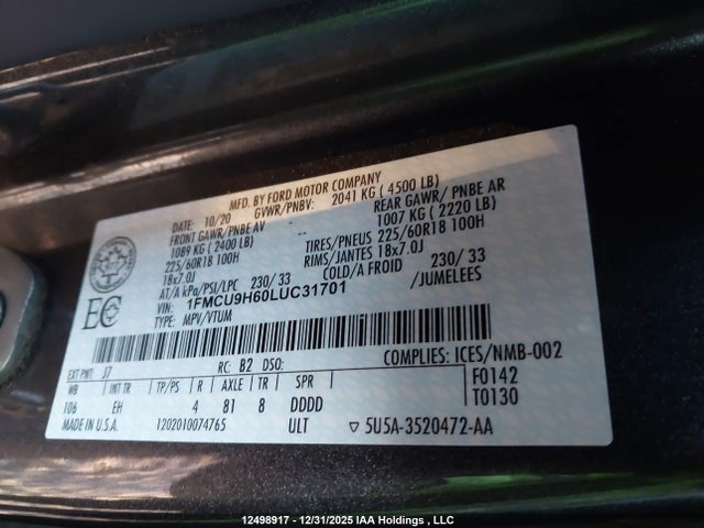 Продажа на аукционе авто 2020 Ford Escape Sel, vin: 1FMCU9H60LUC31701, номер лота: 12498917