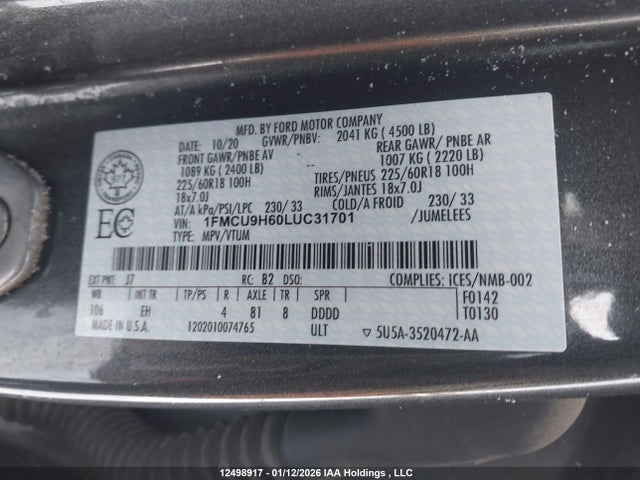 Продажа на аукционе авто 2020 Ford Escape Sel, vin: 1FMCU9H60LUC31701, номер лота: 12498917