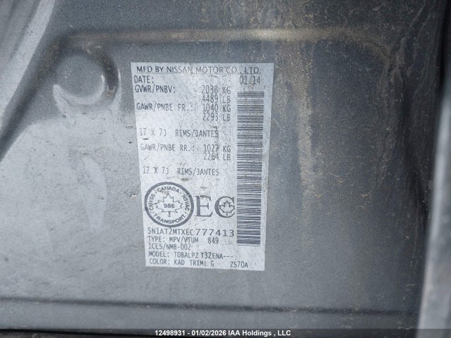 Aukcja sprzedaży 2014 Nissan Rogue S/sv, vin: 5N1AT2MTXEC777413, numer aukcji: 12498931