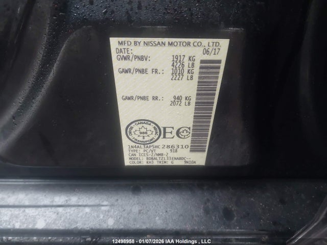 1N4AL3AP5HC286310 Nissan Altima 2.5/2.5 S/2.5 Sl/2.5 Sr/2.5 Sv