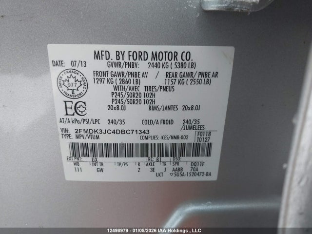 12498979 :رقم المزاد ، 2FMDK3JC4DBC71343 vin ، 2013 Ford Edge Sel مزاد بيع