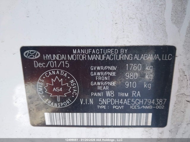 5NPDH4AE5GH794387 Hyundai Elantra Le-r