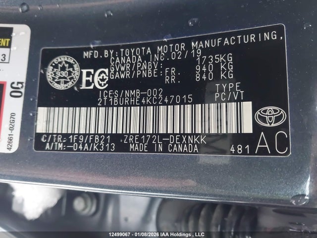 12499067 :رقم المزاد ، 2T1BURHE4KC247015 vin ، 2019 Toyota Corolla مزاد بيع