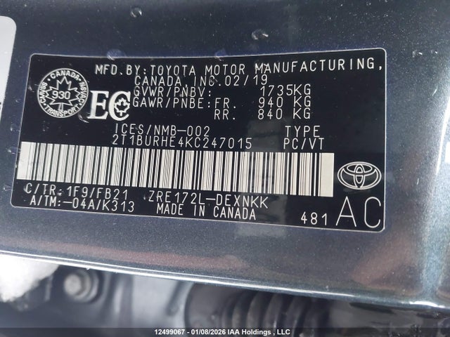 12499067 :رقم المزاد ، 2T1BURHE4KC247015 vin ، 2019 Toyota Corolla مزاد بيع