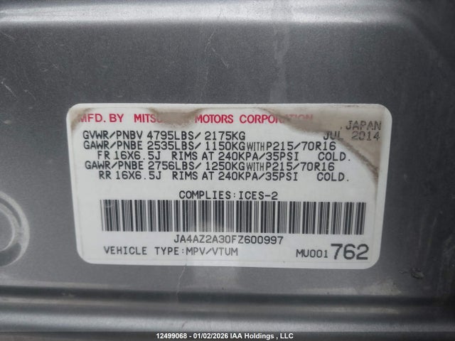 Mitsubishi Outlander Es 2015 JA4AZ2A30FZ600997 Image 9