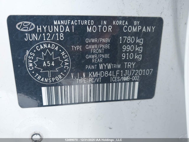 KMHD84LF1JU720107 Hyundai Elantra Gl Se