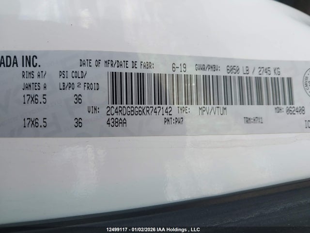 Aukcja sprzedaży 2019 Dodge Grand Caravan Se, vin: 2C4RDGBG6KR747142, numer aukcji: 12499117