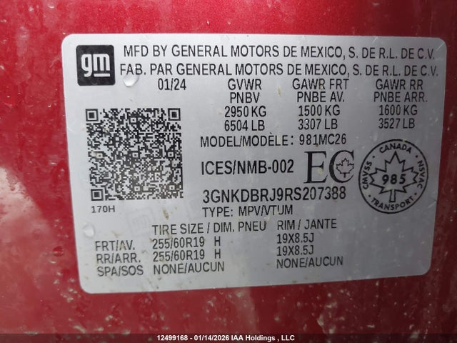 2024 Chevrolet Blazer Ev მანქანა იყიდება აუქციონზე, vin: 3GNKDBRJ9RS207388, აუქციონის ნომერი: 12499168
